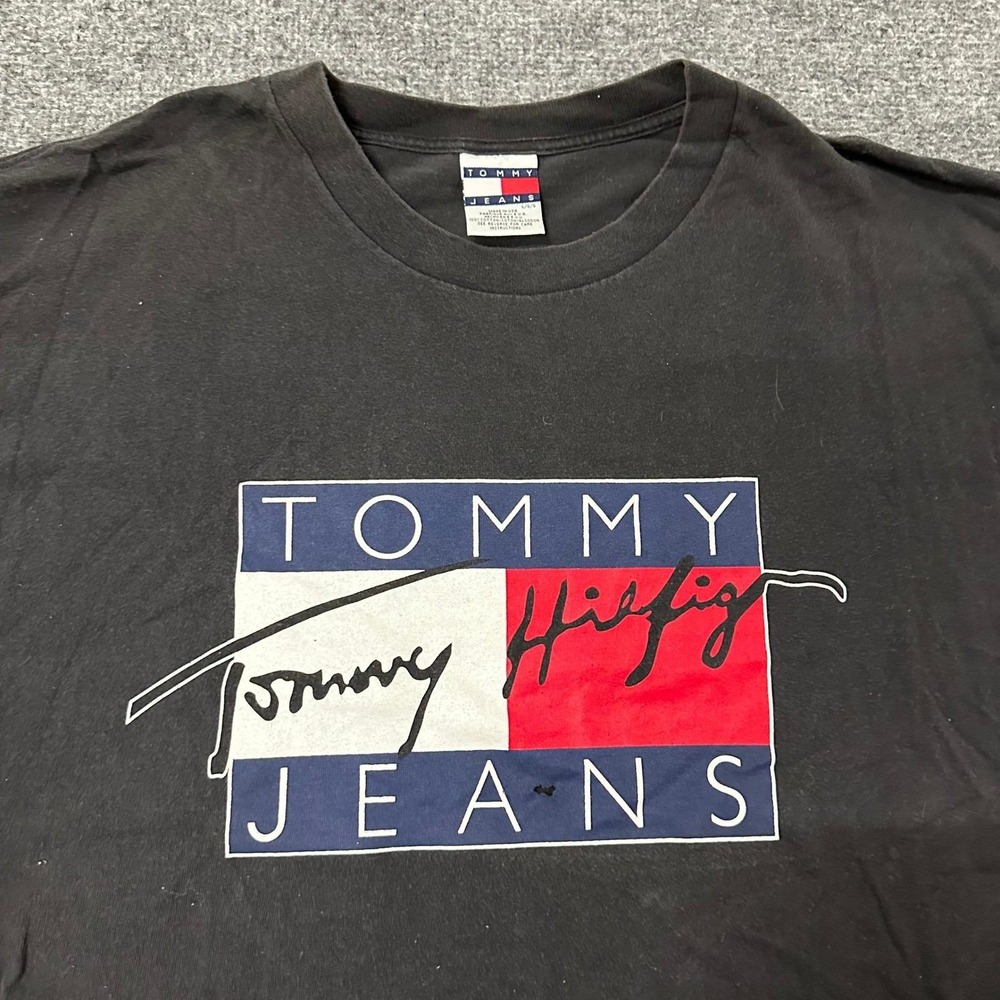 Tommy Jeans T-Shirt Mens Size L Black Vintage Box Logo USA Made Cotton Tee